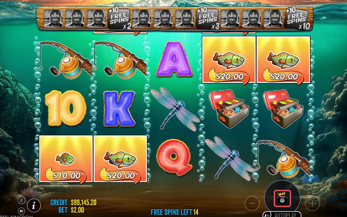 Free spins screen with WILD Fisherman on all five reels