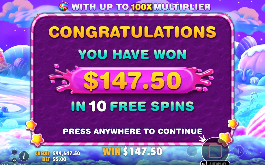 Win screen after a Tumble, with paid symbols removed
