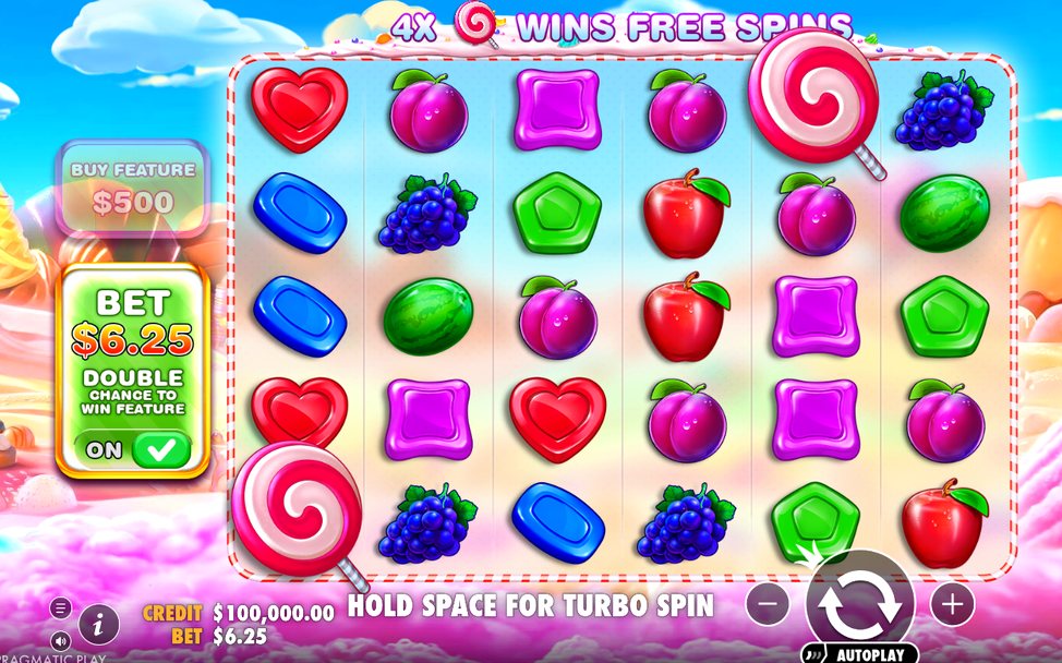 Base game grid, 6x5, with candy symbols and Scatter