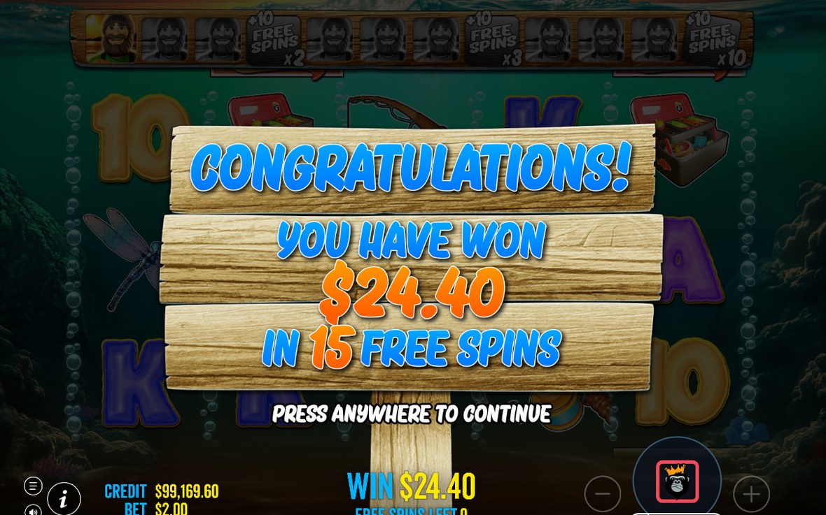 Win screen with MONEY FISH values on the reels